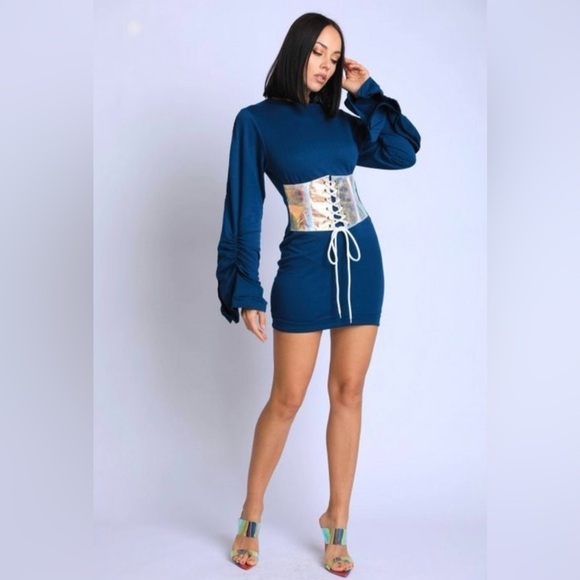 Blue Lace Up Iridescent Corset Detail With Contrast Fabric Bodycon Mini Dress - Picture 1 of 3